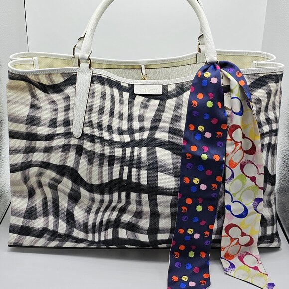 Coach Large Wavy Gingham Tote (Free Coach Silk Scarf) Dust Bag Included - Picture 1 of 9